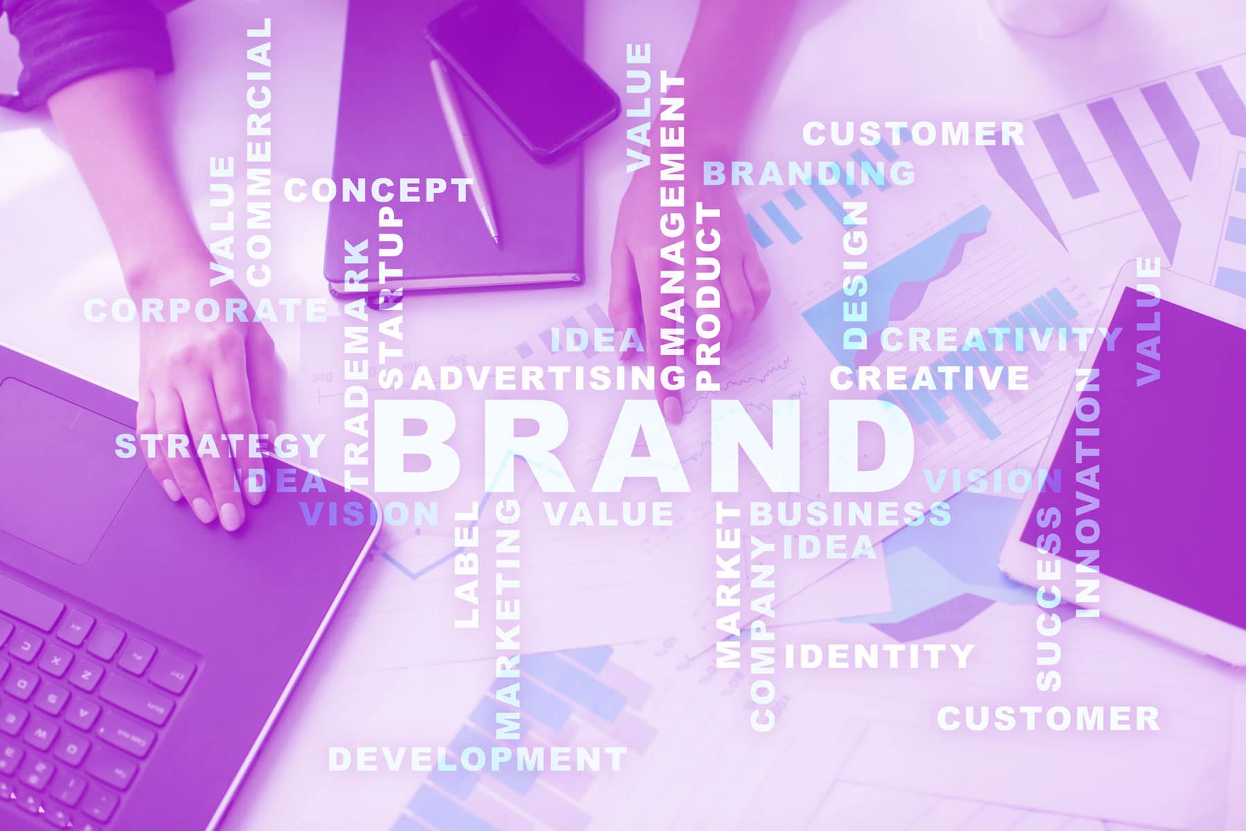 Brand strategy concept showing branding, identity, marketing, customer value, creativity and business development.