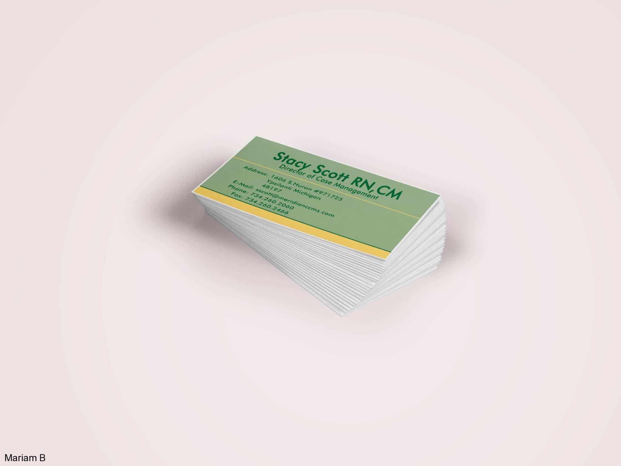 Branding Design Portfolio 16 Mariam Cheaitou Bazzi Branding Design Portfolio Close-up business card design mockup featuring a clean green and yellow professional layout.