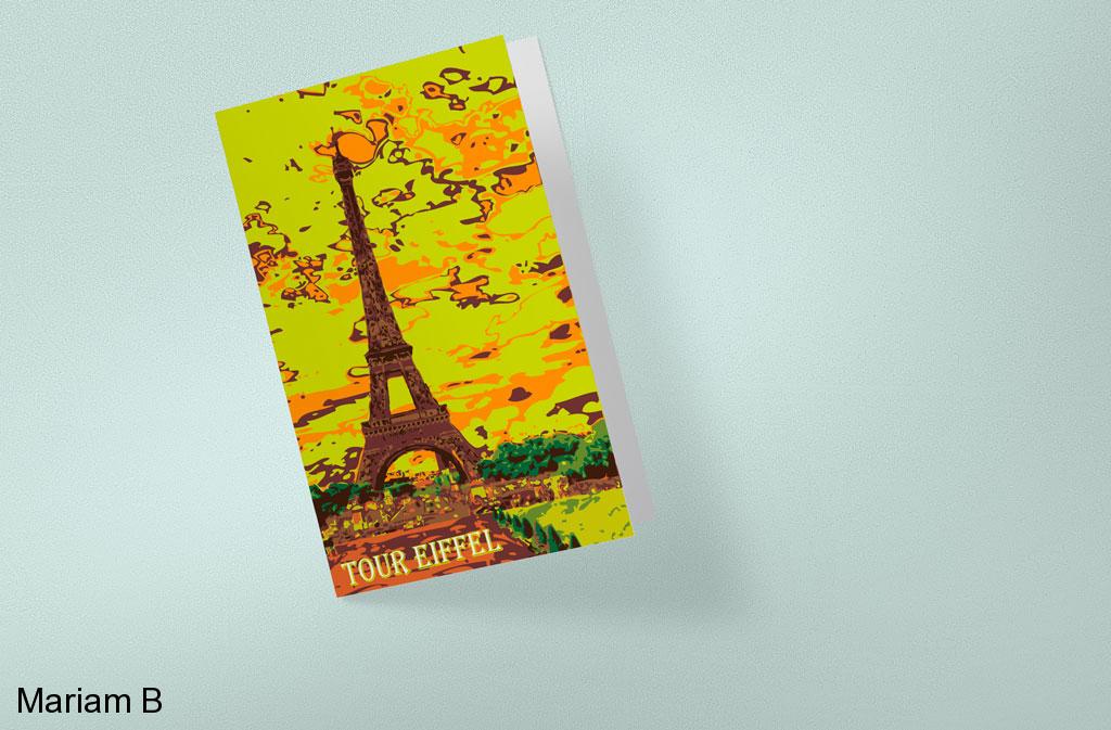 Web & Print Design Portfolio 25 Mariam Cheaitou Bazzi Web & Print Design Portfolio Eiffel Tower postcard design featuring colourful illustration and typography from a Windsor, Ontario graphic design portfolio.