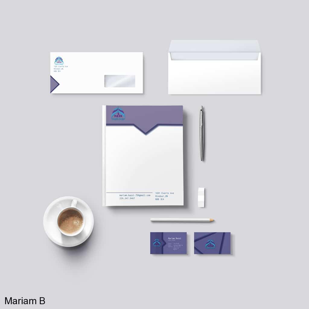 Branding Design Portfolio 1 Mariam Cheaitou Bazzi Branding Design Portfolio MB Graphic & Photography Design brand stationery mockup featuring letterhead, envelopes and business cards designed in Windsor, Ontario.