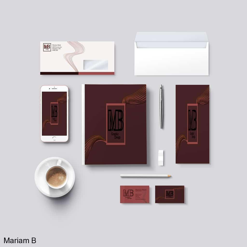 Branding Design Portfolio 3 Mariam Cheaitou Bazzi Branding Design Portfolio MB brand identity stationery mockup featuring business cards, letterhead, envelopes, mobile branding and print materials designed in Windsor, Ontario.