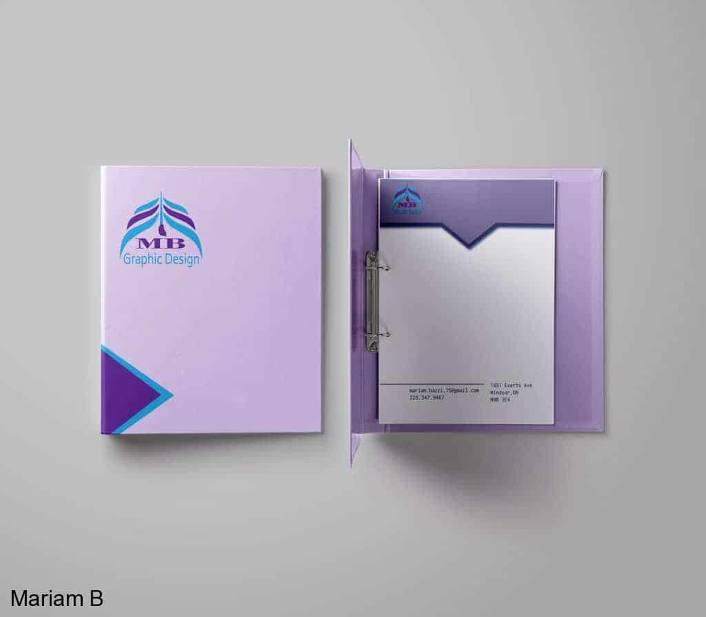 Branding Design Portfolio 2 Mariam Cheaitou Bazzi Branding Design Portfolio MB Graphic Design branded presentation binder and stationery mockup in purple and blue.