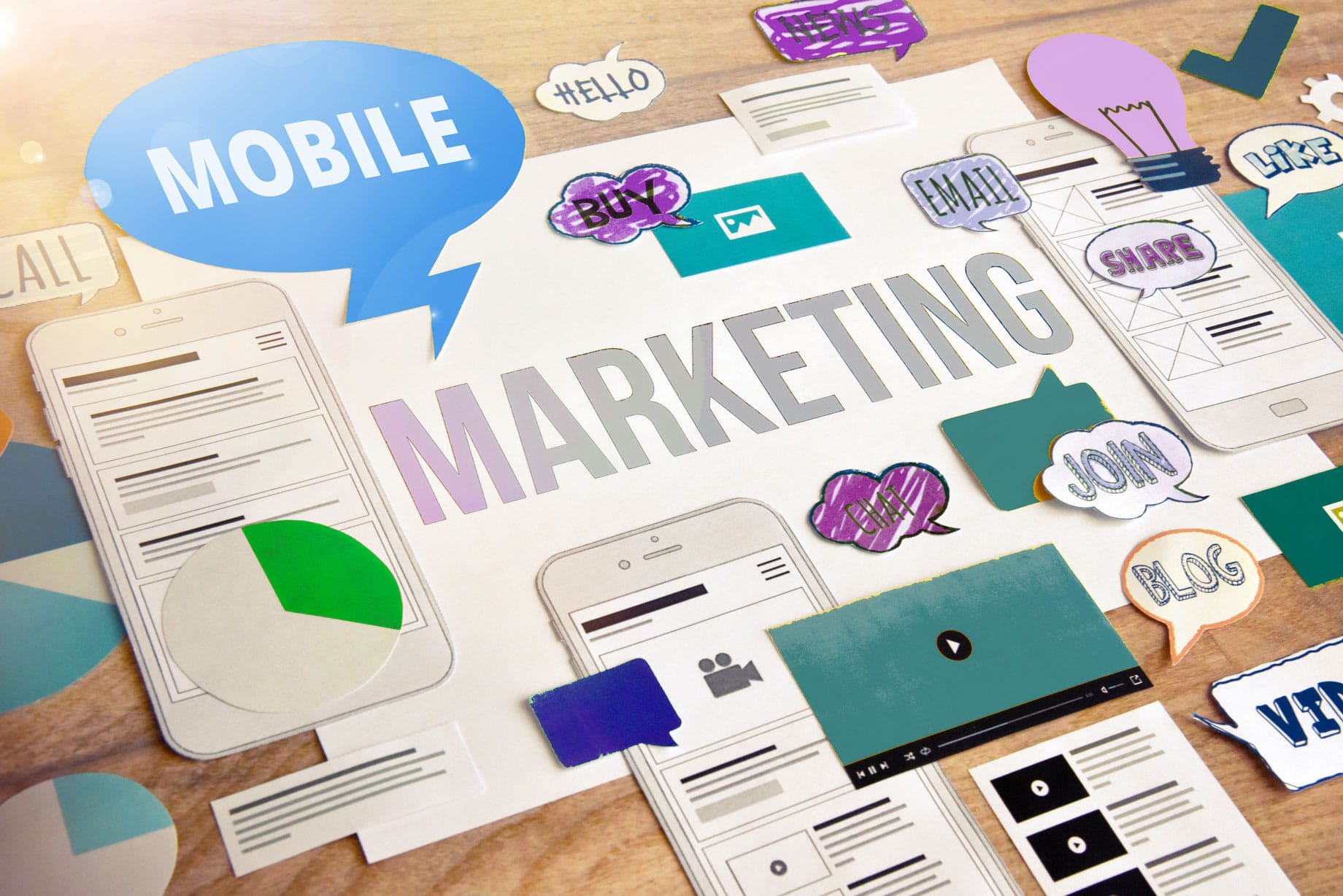 Mobile marketing concept featuring smartphone layouts, email, social sharing, video and digital communication elements.