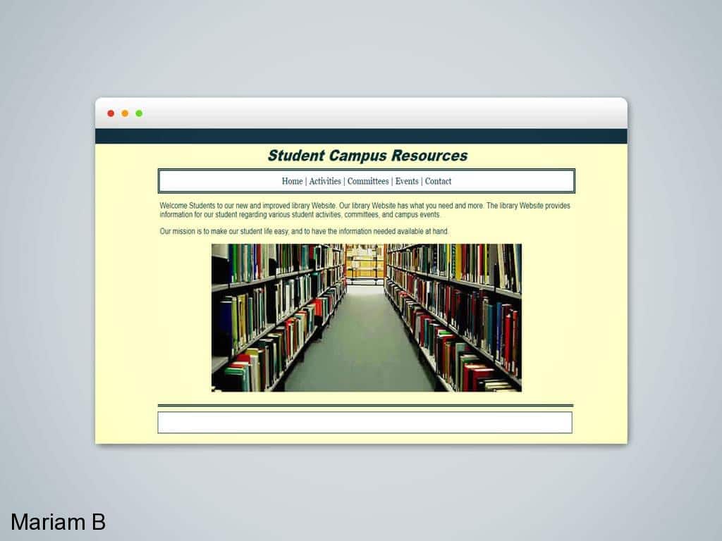 Web & Print Design Portfolio 6 Mariam Cheaitou Bazzi Web & Print Design Portfolio Student Campus Resources website design featuring navigation, library imagery and educational content by a Windsor, Ontario web designer.