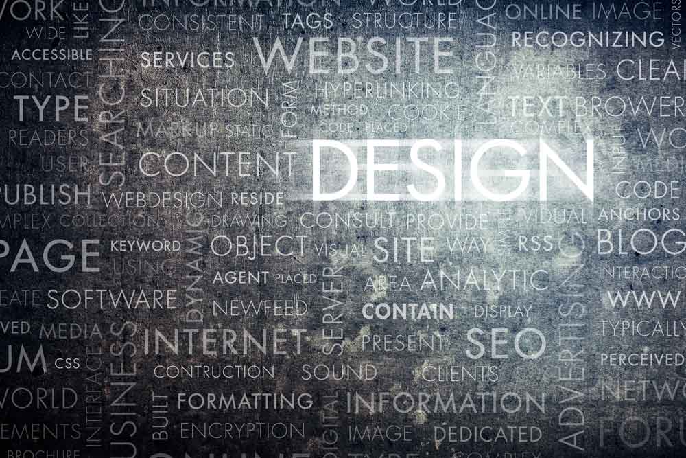 Website design word cloud featuring terms related to SEO, content, analytics, internet, coding, blogs and web development.
