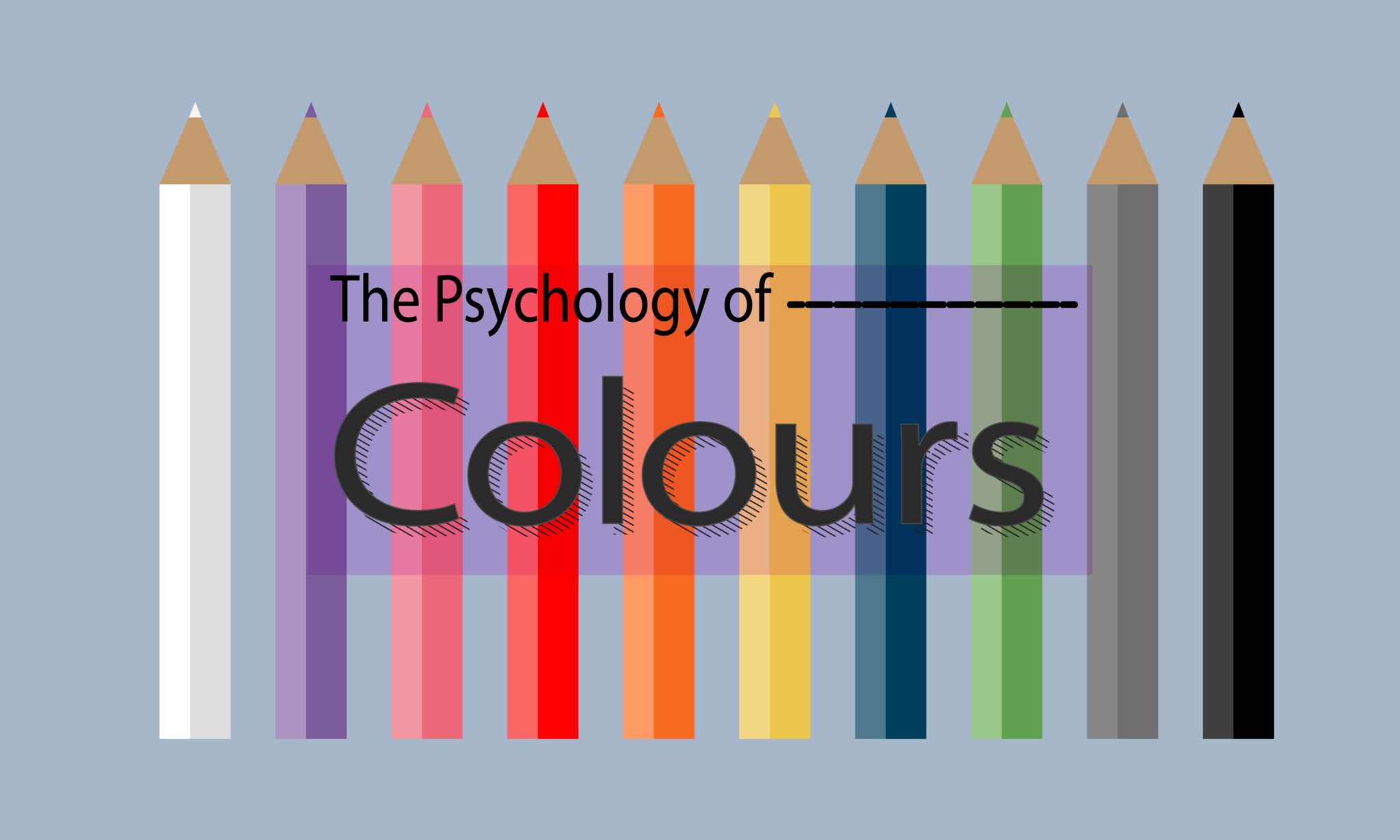 Graphic featuring coloured pencils and the words Psychology of Colours, representing colour psychology in design.