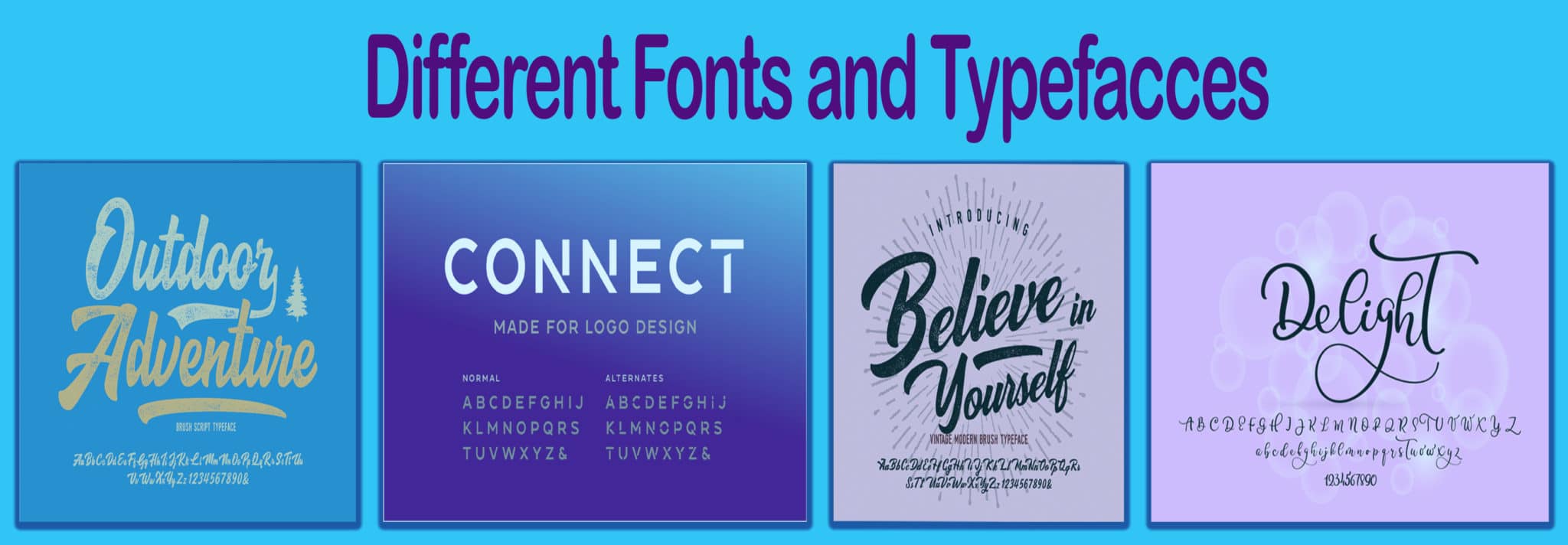 Typography comparison graphic showing multiple font and typeface styles used for branding, logos and visual identity design.