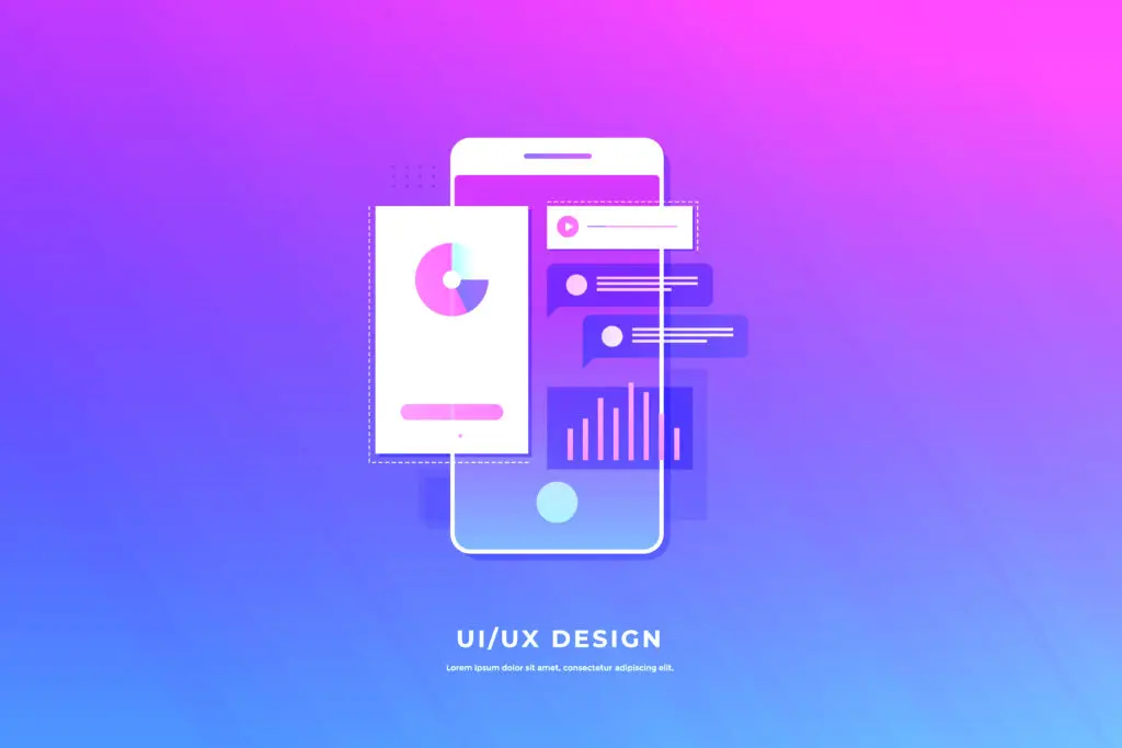 Mobile UI/UX development design concept. Smartphone with interfa