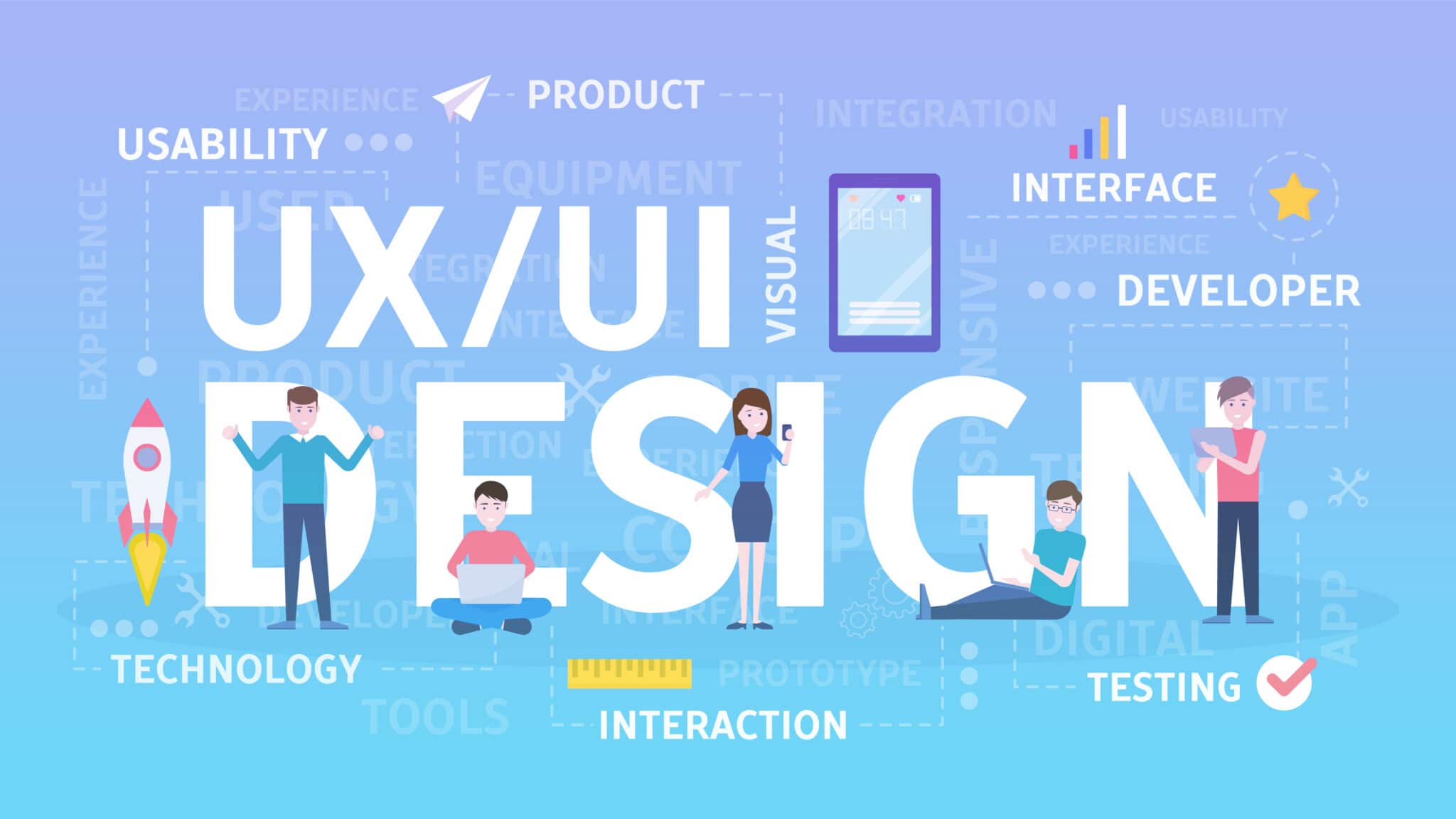 UI and UX design illustration featuring interface, usability, testing, technology and digital product development concepts.