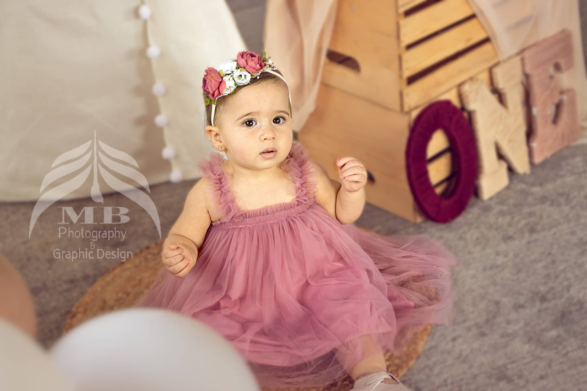 Photography Portfolio 43 Mariam Cheaitou Bazzi Photography Portfolio in Windsor One year old girl in pink tulle dress sitting beside wooden ONE sign, first birthday milestone photography by Windsor Ontario photographer