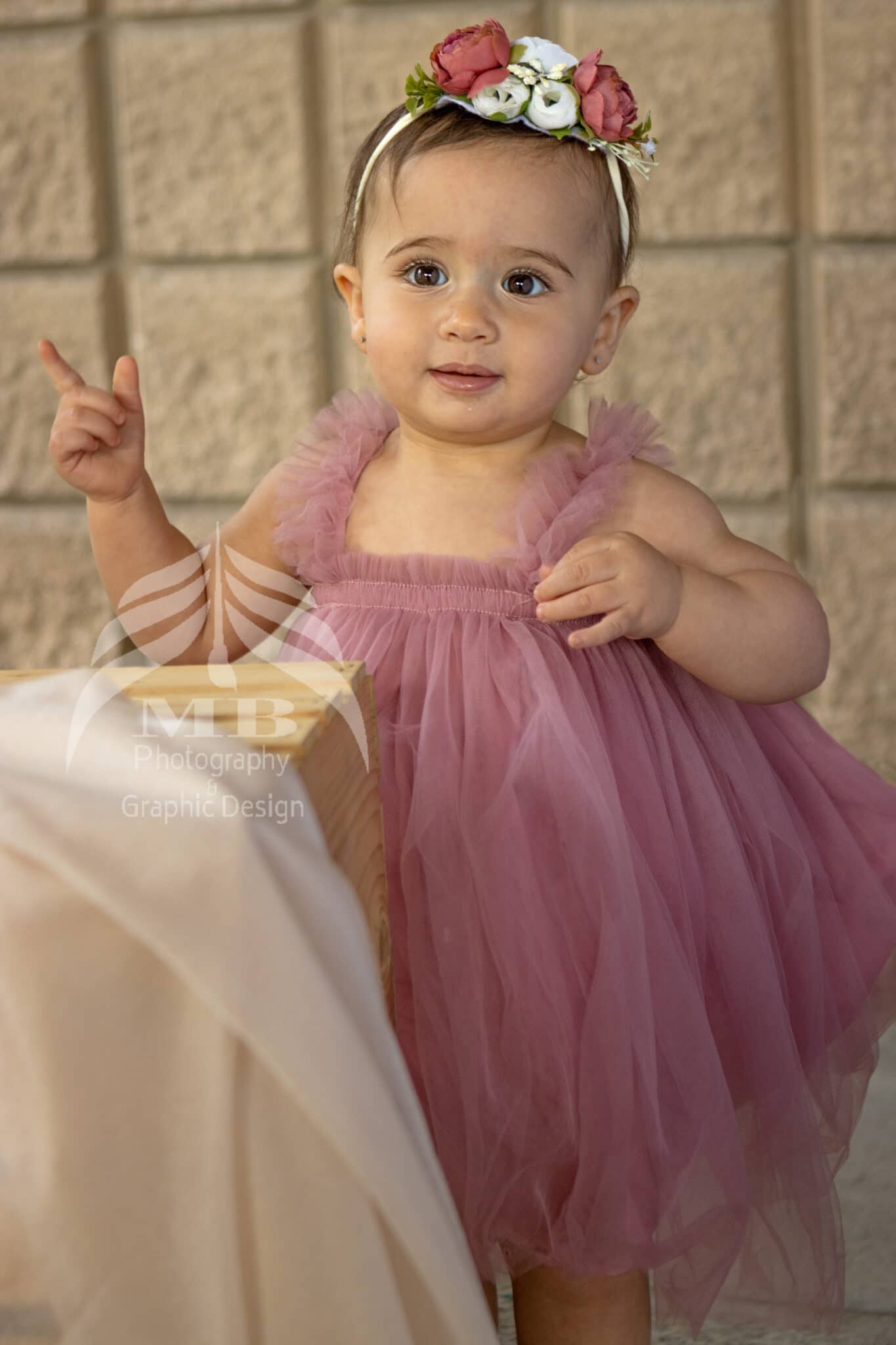 Photography Portfolio 44 Mariam Cheaitou Bazzi Photography Portfolio in Windsor One year old girl in pink dress and floral crown pointing during milestone photo session, professional photography by Windsor Ontario photographer