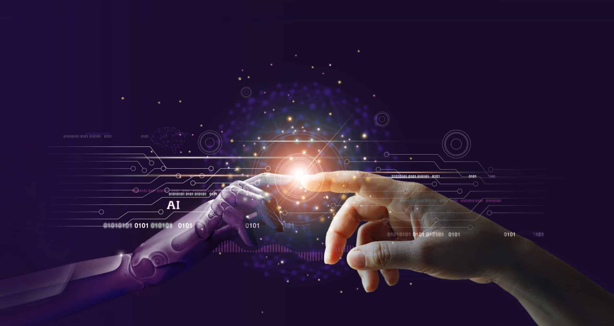 Robotic hand and human hand reaching toward each other with glowing AI circuit background