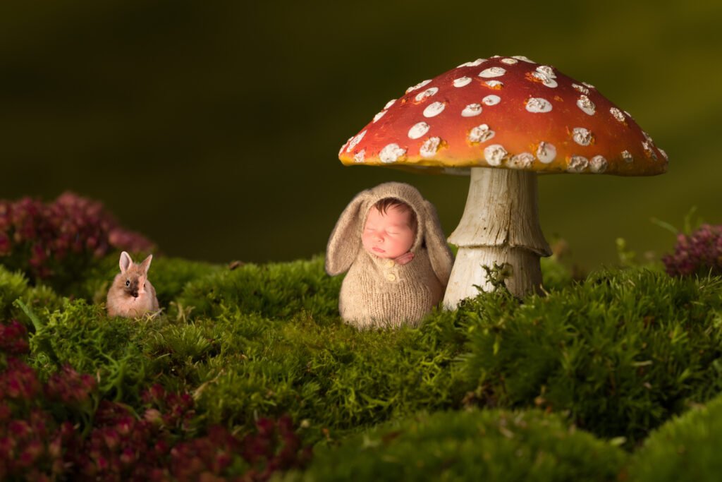 Contact 1 Mariam Cheaitou Bazzi MB Graphic & Photography Design Newborn Photography in Windsor, ON. Newborn baby dressed as a rabbit sleeping against a toadstool