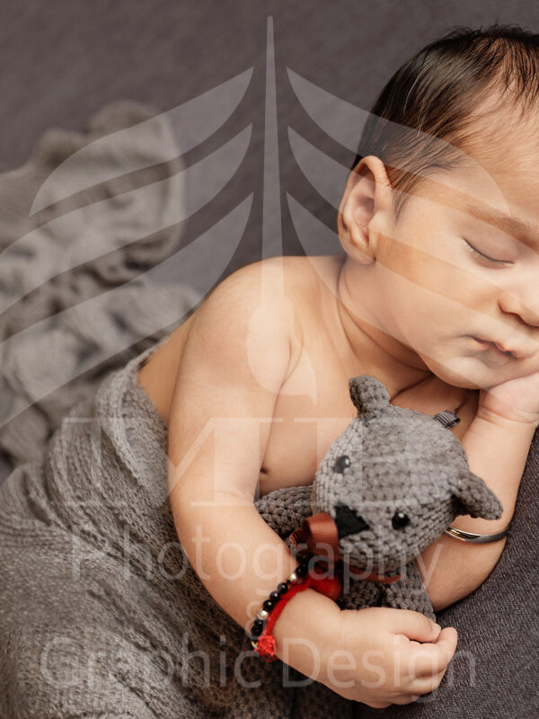 Photography Portfolio 17 Mariam Cheaitou Bazzi Photography Portfolio in Windsor Sleeping newborn baby resting cheek on hand while holding crochet teddy bear toy, professional newborn photography by Windsor Ontario photographer