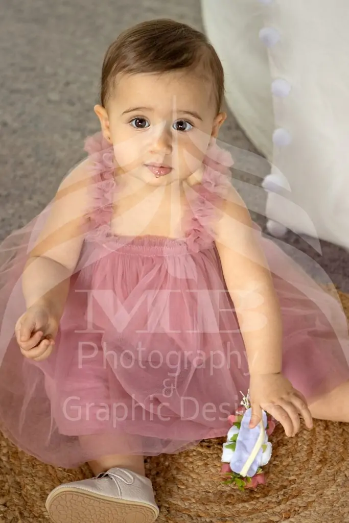 Milestone baby photography in Windsor, Ontario featuring a baby girl in a soft pink dress during a studio portrait session.
