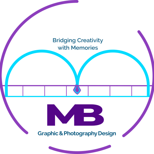 Circular MB Graphic & Photography Design logo featuring turquoise bridge-inspired lines, purple MB initials and the tagline “Bridging Creativity with Memories” in Windsor, Ontario.