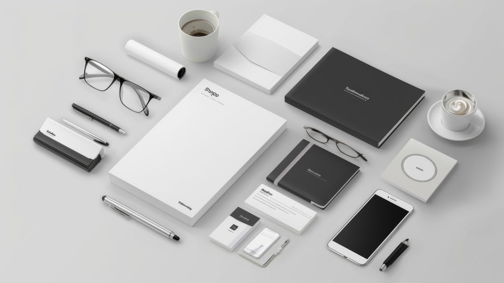 Brand identity design showcase in Windsor, Ontario featuring cohesive stationery, business cards, packaging, and digital devices presenting a modern branding system by MB Graphic & Photography Design.