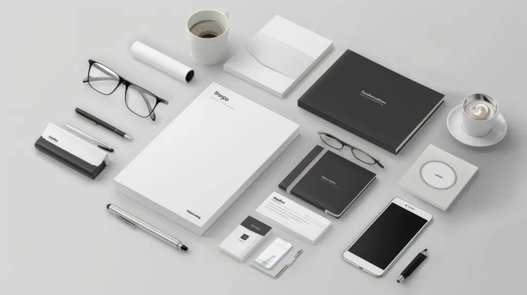 Brand identity design showcase in Windsor, Ontario featuring cohesive stationery, business cards, packaging, and digital devices presenting a modern branding system by MB Graphic & Photography Design.