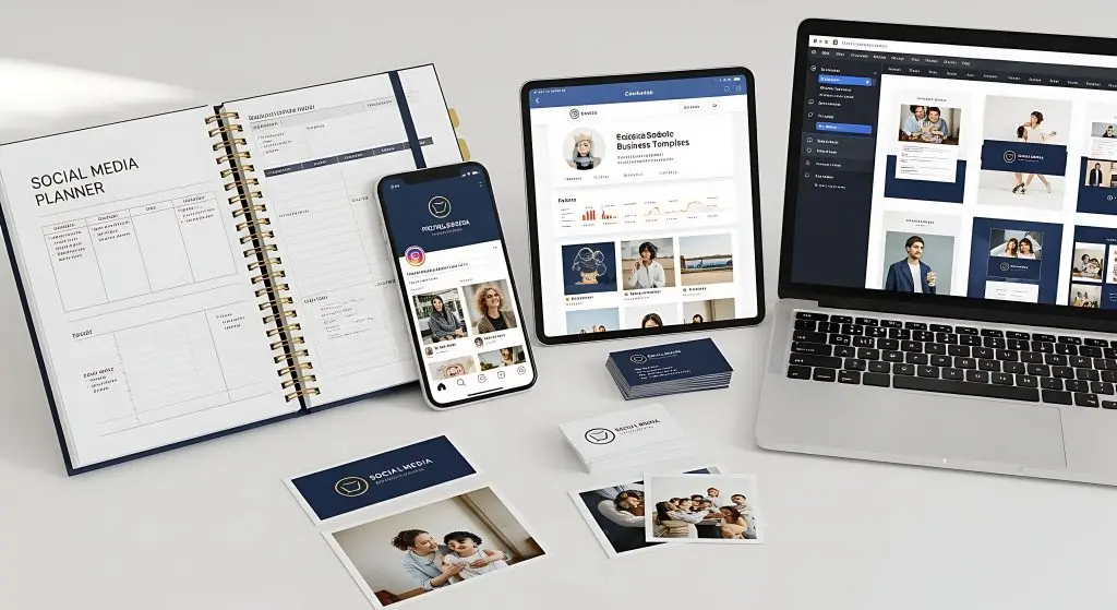 Branding and web design showcase in Windsor, Ontario featuring a cohesive business identity with social media planner, mobile app interface, website design on laptop and tablet, and printed marketing materials by MB Graphic & Photography Design.