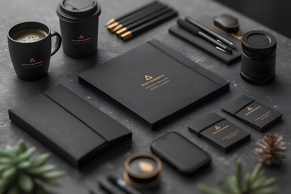Web & Print Design 2 Mariam Cheaitou Bazzi Web & Print Design in Windsor Luxury brand identity design in Windsor, Ontario featuring black and gold stationery set including business cards, packaging, and branded materials arranged in a modern flat lay by MB Graphic & Photography Design.