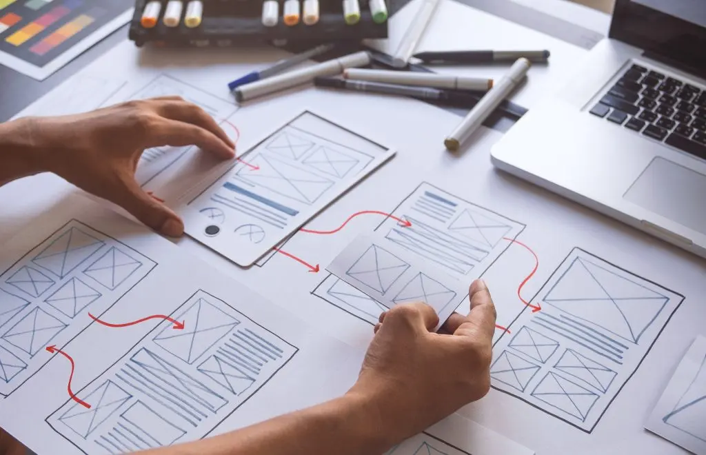 Website wireframing and UX design process in Windsor, Ontario featuring hands arranging layout sketches and user interface concepts for a custom website by MB Graphic & Photography Design.